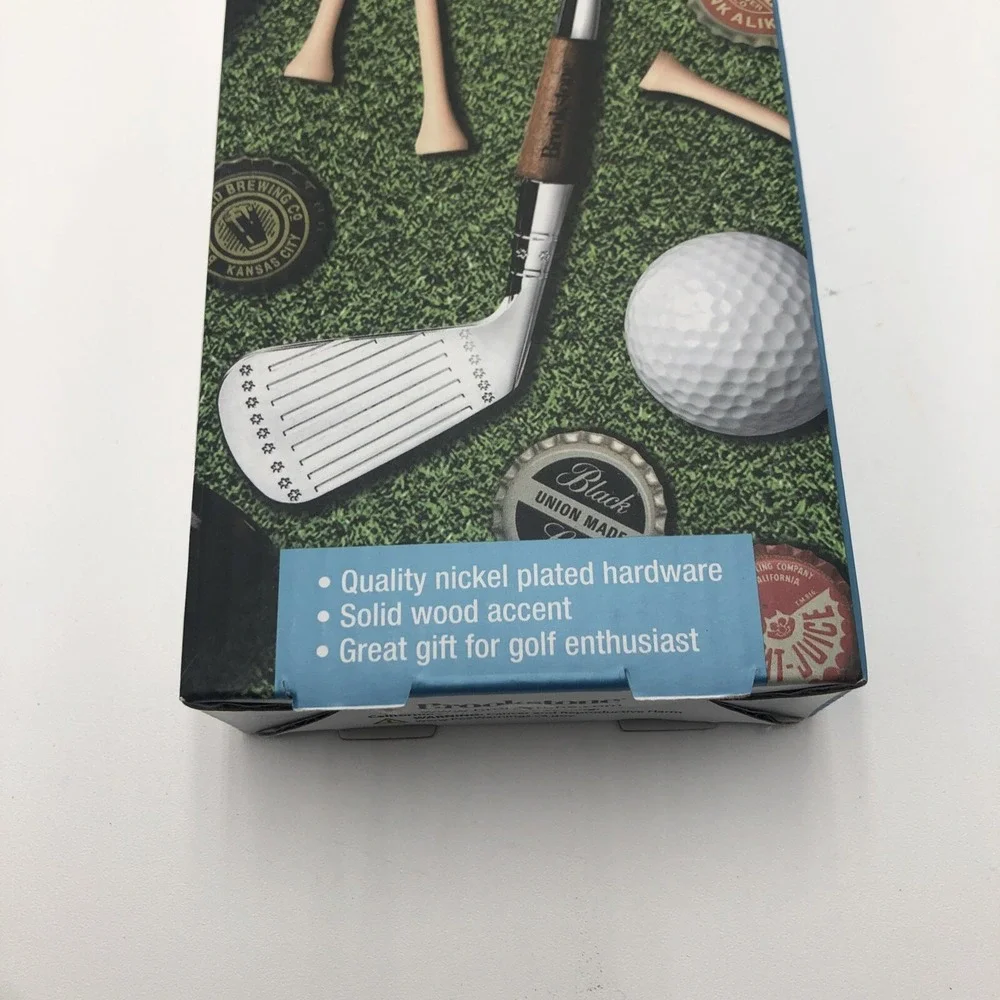 Brookstone Golf Club Bottle Opener Beer Soda New W Box Nickel Plated Wood Accent